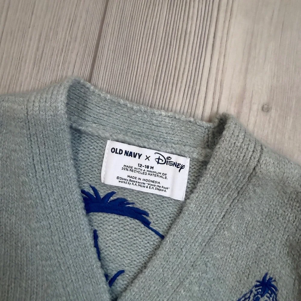 NWT Old Navy X Eeyore Cardigan Embroidered Sweater Sage 12-18M
